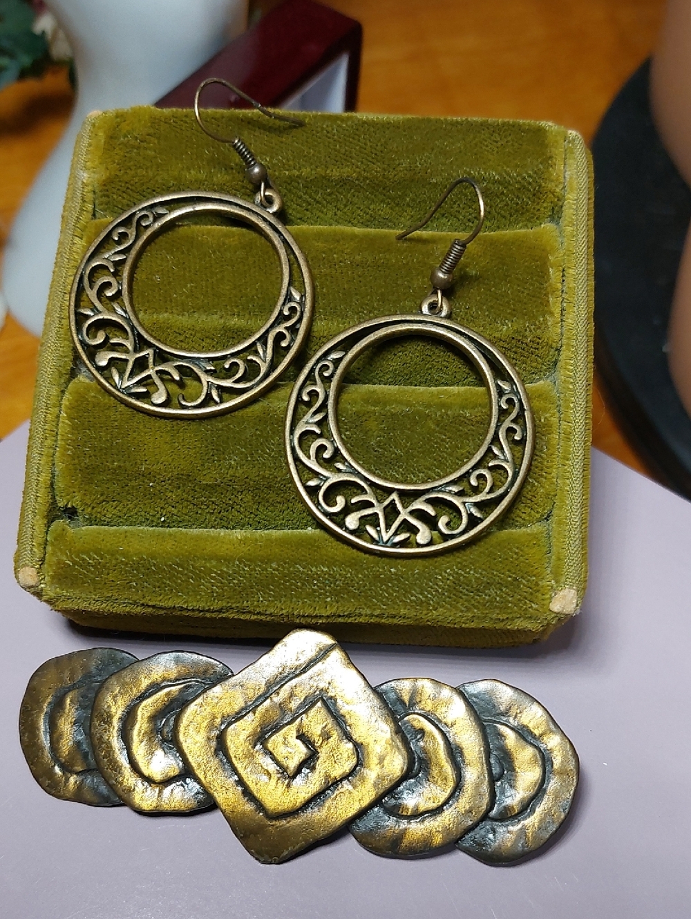 J.J. Antiqued Bronze Finish Modernist Brooch & Filligree Earrings